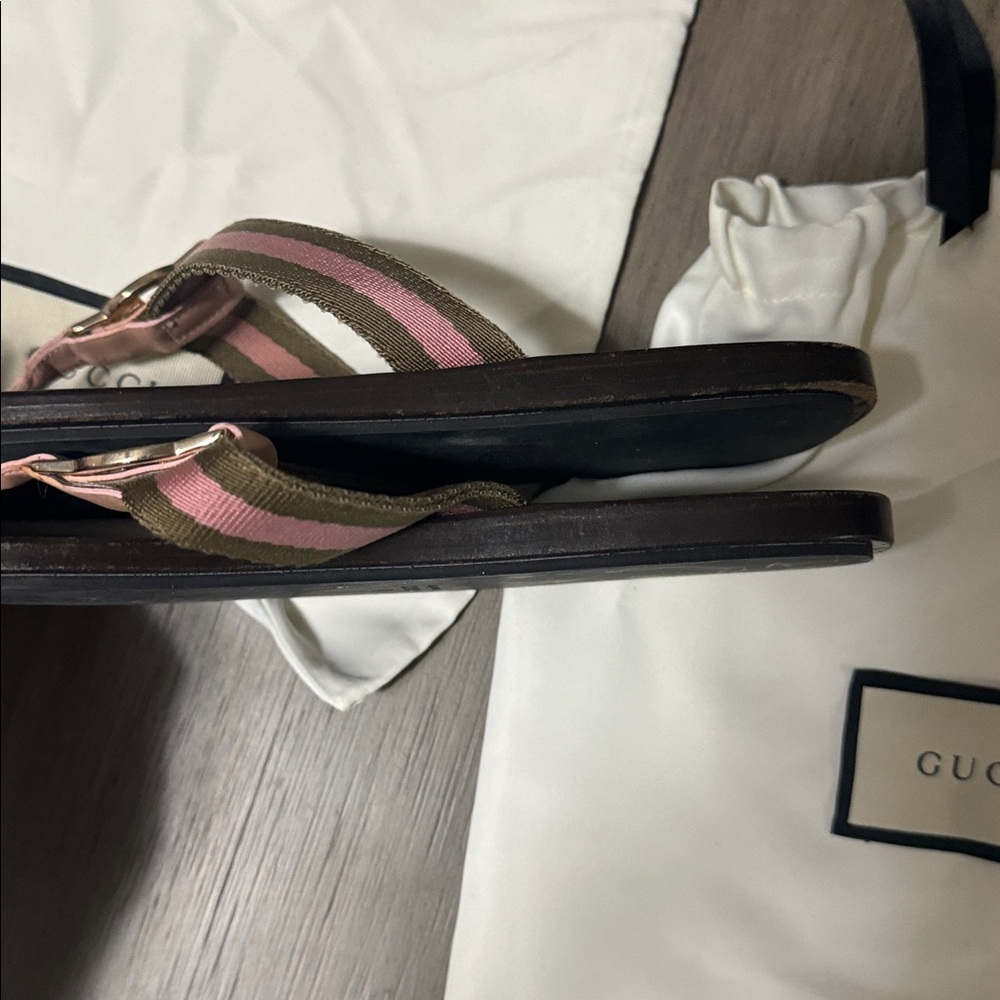 Gucci Pink & Green Web Leather Thong Sandals with GG Size 7.5 - Picture 6 of 7